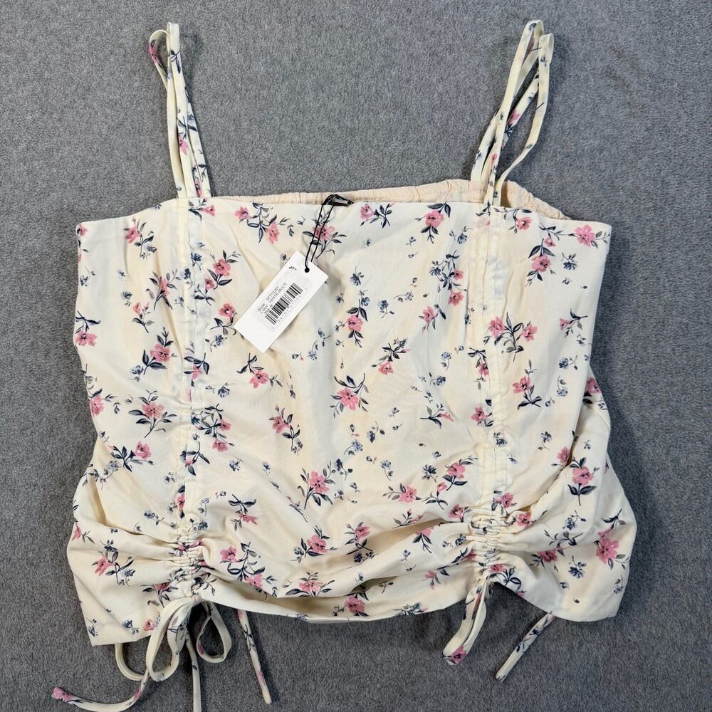 Sugar + Lips Women's Medium Ivory Floral Ruched Drawstring Cropped Cami Top New